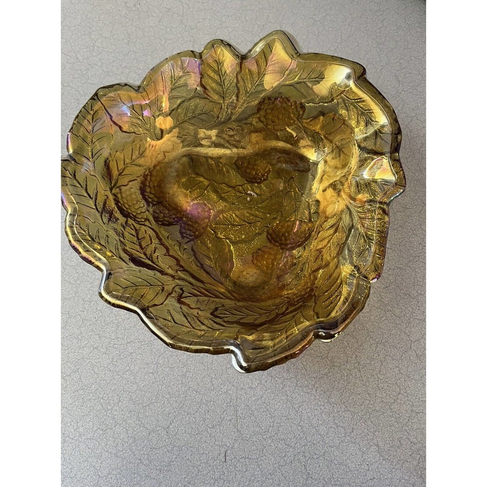 Indiana Amber Carnival Glass Loganberry Acorn Candy Bowl Dish Vintage MCM